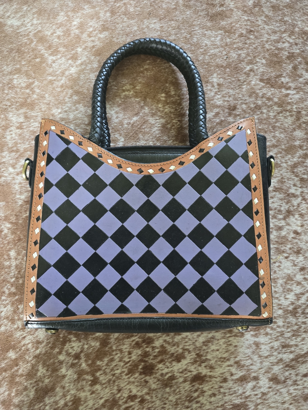 Black and Lavender Checkered Top-Handle Women’s Bag With Crossbody Strap
